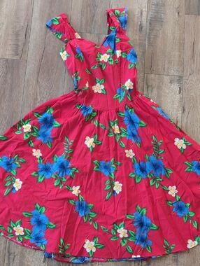 Royal Creations Red Floral Midi Dress with Blue and White Blooms - Size L